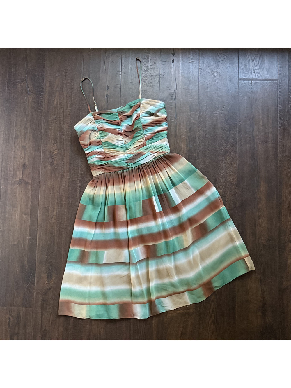 Vintage 90s Y2k BCBC Paris Silk Watercolor Dress Turquoise Midi 6 Garden Striped